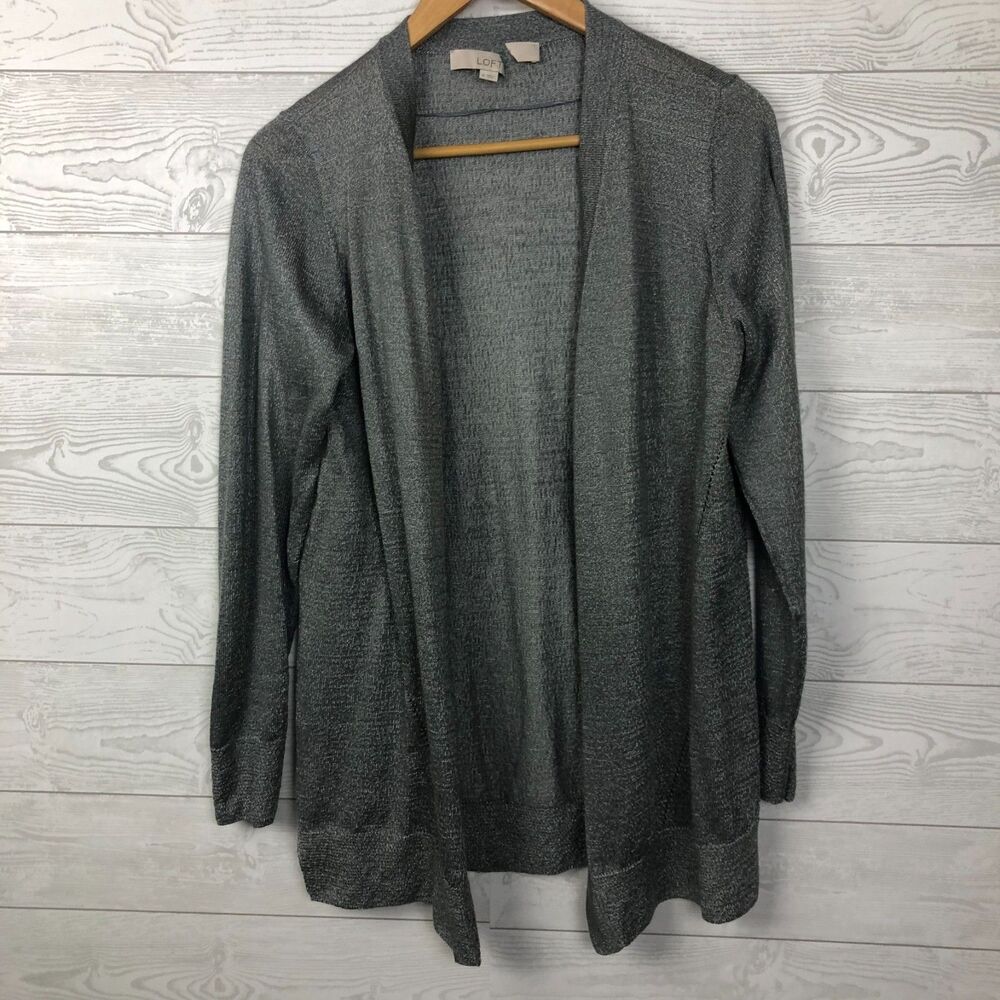 Ann Taylor LOFT Women's Medium Metallic Weave Open Front Cardigan Long Sleeve